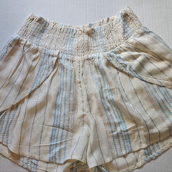 Elan Smocked High Waist Cream and Blue Striped Faux Wrap Coverup Shorts - Picture 2 of 11